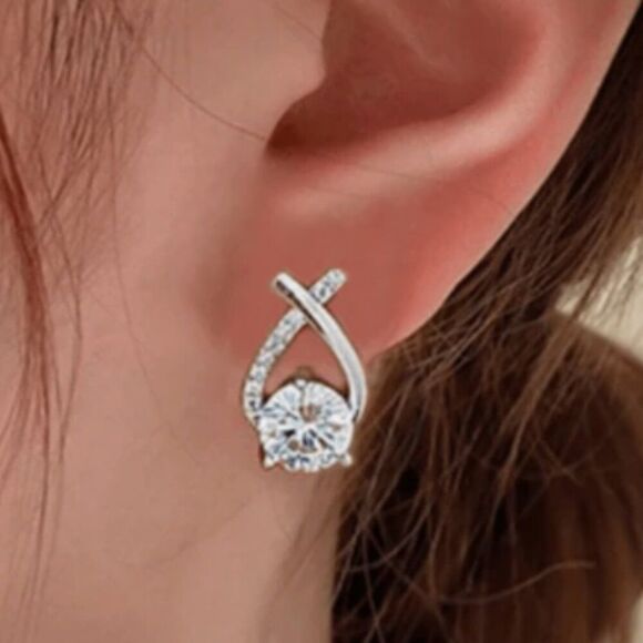 Cross Fishtail Zircon Earrings, Teardrop Fashion Silver Earrings - Picture 5 of 5
